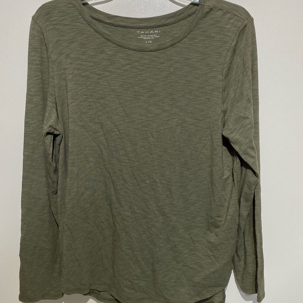 Tahari Women's Green Cotton Blend Crewneck Long Sleeve‎ Top Size Large